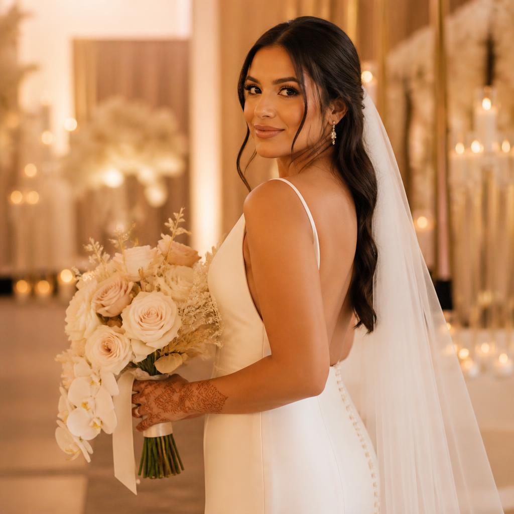 Bride with minimal henna holding a bouquet