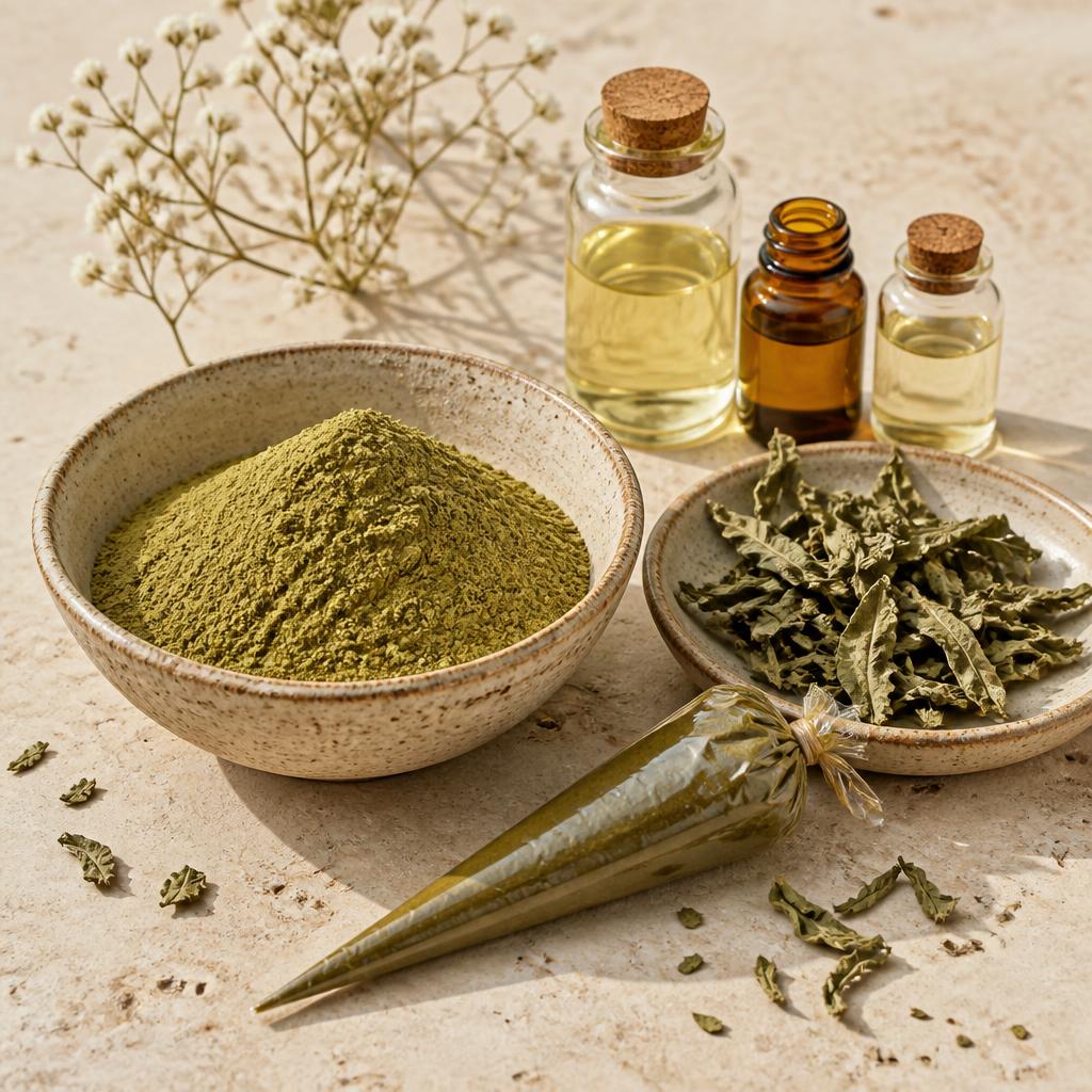 Natural henna powder in a wooden scoop with fresh henna leaves