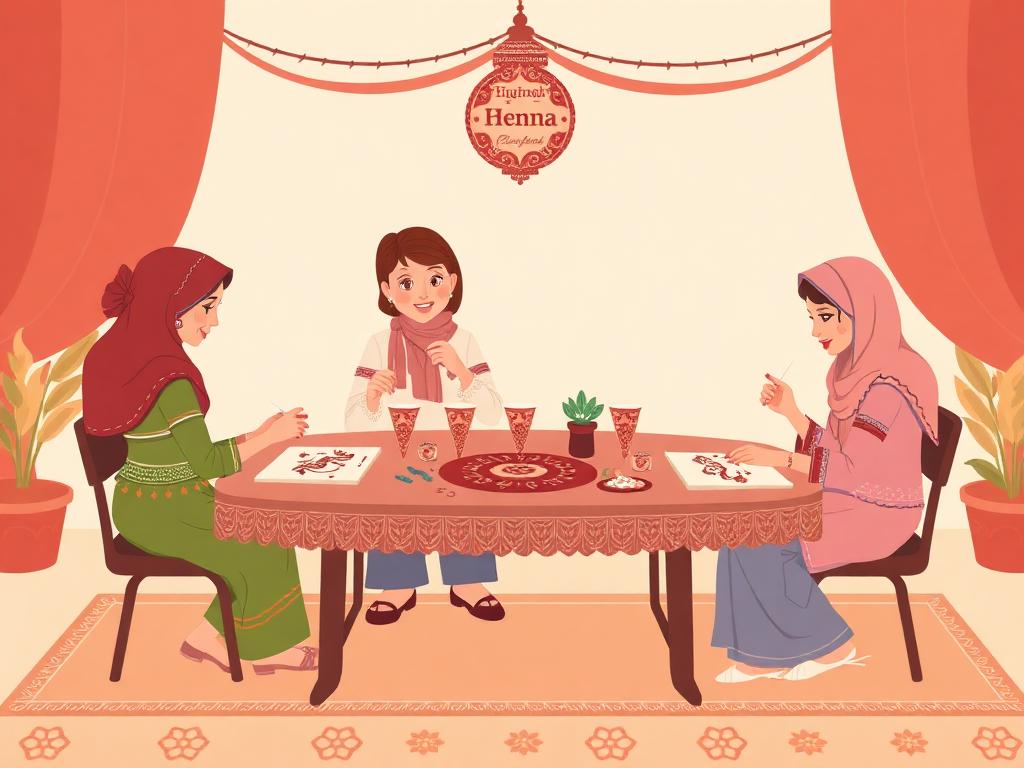 Students practicing henna designs at a workshop table