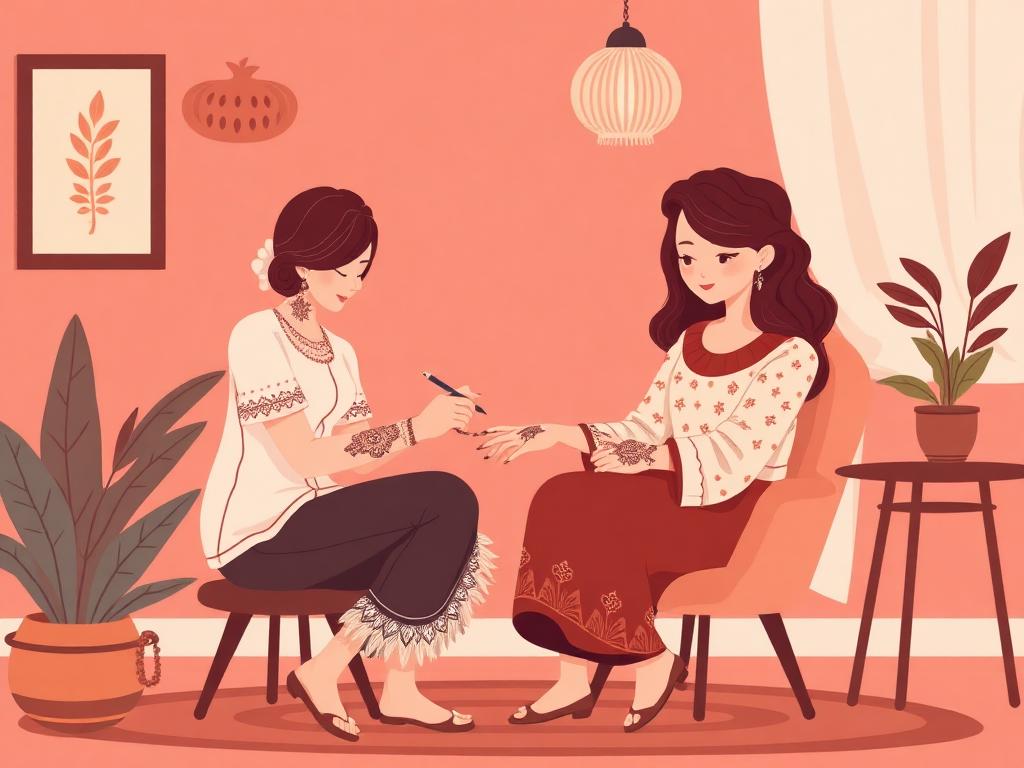 Henna artist drawing a design on a client's forearm in a sunlit studio